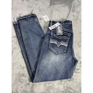 True Luck Jeans Mens 32 x 32 Classic Embroider Blue Relaxed Straight Stretch NEW